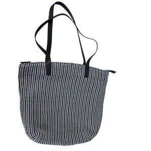Talbots Striped Woven Shoulder Bag Tote Navy Blue White Leather Boho Beachy EUC